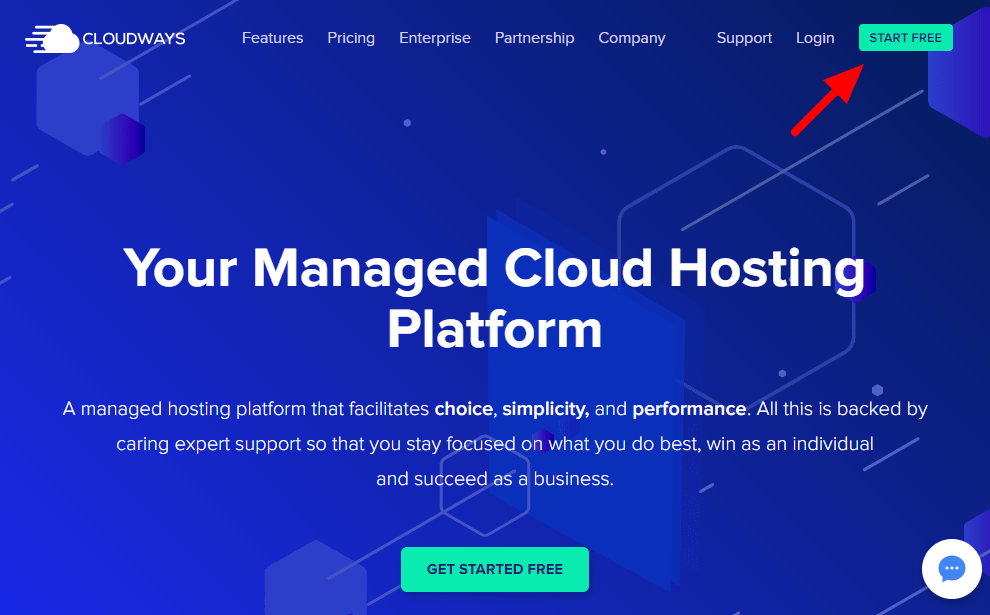 Cloudways Free Trial - Start Free Button
